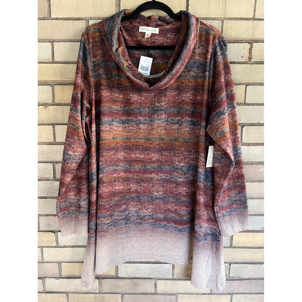 Cactus + Pearl Fall Multicolor Stripe Cowl Neck Hacci Tunic Sweater XXXL 3XL NWT